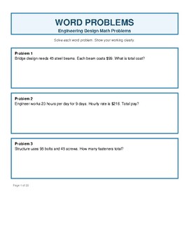 Preview of Engineering Design Math Problems / Math Practice Worksheets For Students
