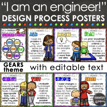 Preview of STEM Posters for Engineering Design Process Classroom Decor - Gears Theme