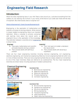 Preview of Engineering Fields Research & Technical Writing Activity (Engineering)