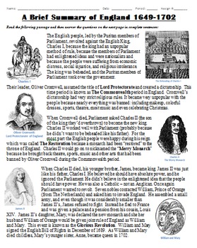 Preview of England from 1649-1702 Summary: Restoration, Glorious Revolution