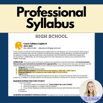 Preview of English 10 Professional Syllabus | Editable Google Doc