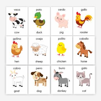 English Bilingual Cards, Spanish Farm Flashcards by PreschoolLesson