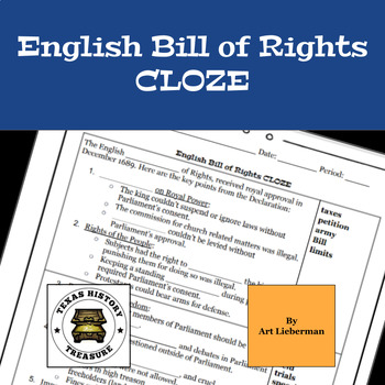 Preview of English Bill of Rights CLOZE | Reading | History