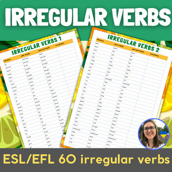 Preview of English ESL/EFL 60 irregular verbs tables/list with/without translation