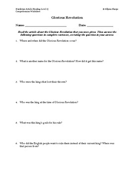 Preview of English Glorious Revolution Article (Reading Level 2) Comprehension Worksheet