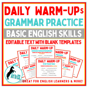 Preview of English Grammar Warm Ups - Bell Ringers - ELL ESL - EDITABLE TEXT -Full Semester