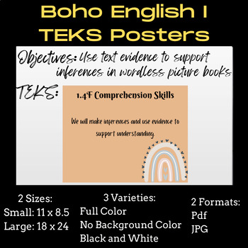 Preview of English I TEKS Printable Boho Rainbow Posters Display English 1