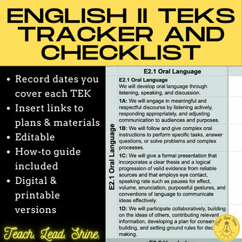 Preview of English II TEKS Checklist and Tracker 
