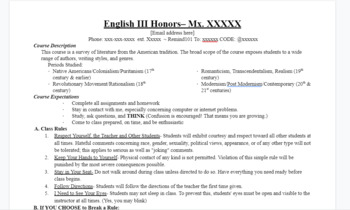 Preview of English III (or other high school course) Syllabus