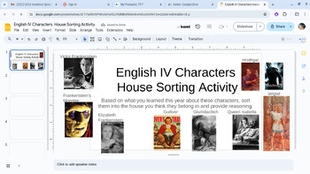 Preview of English IV Characters House Sorting