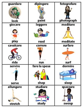 English-Italian Action Verbs ESL Vocabulary Flashcards for Beginners