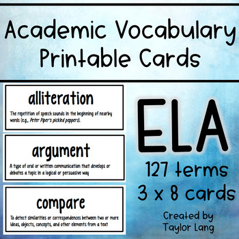 Preview of English Language Arts Academic Vocabulary Cards - 127 ELA Terms!