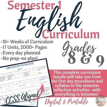 Preview of English/Language Arts Complete Semester 1 Curriculum for Grades 8 & 9