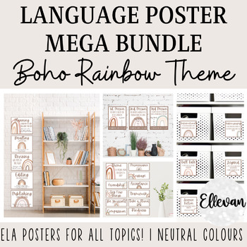 Preview of English Language Arts Posters BUNDLE | Neutral Boho Rainbow Class Decor