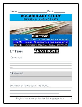 Preview of English Language Arts vocabulary & essay-writing worksheet - featuring 15 terms