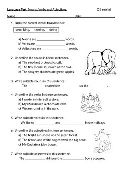 Preview of English Language/Grammar Test:  Nouns, Verbs and Adjectives.