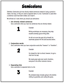 English Literacy Mini Lesson: Where to use Semicolons by The Senior ...