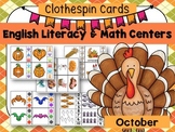 English Math and Literacy Centre Clip Cards - OCTOBER/FALL