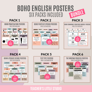 Preview of English Posters BUNDLE 6 Pack | Boho Classroom Decor | Educational Resources
