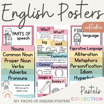 Preview of English Posters Bundle | SPOTTY PASTELS | Muted Rainbow themed classroom decor