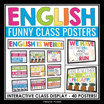 Preview of English Posters Classroom Bulletin Board Decor - 40 English is Weird Posters