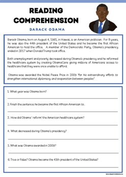 Preview of English Reading Comprehension Skimming & Scanning Activity. Barack Obama