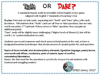 Preview of English Remediation Truth or Dare Task Card Game SOL 7th grade Middle FUN!