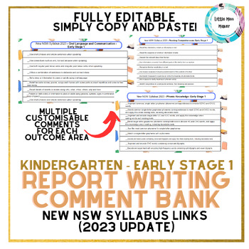 Preview of English Report Writing Comment Bank Kindergarten ES1 New NSW Syllabus (2023)