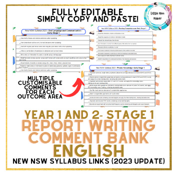 Preview of English Report Writing Comment Bank Year 1 & 2 Stage 1 New NSW Syllabus (2023)