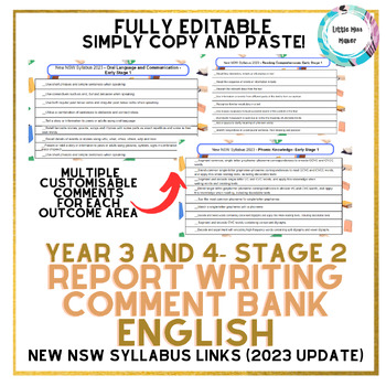 Preview of English Report Writing Comment Bank Year 3 & 4 Stage 2 New NSW Syllabus (2023)