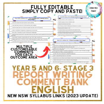 Preview of English Report Writing Comment Bank Year 5 & 6 Stage 3 New NSW Syllabus (2023)