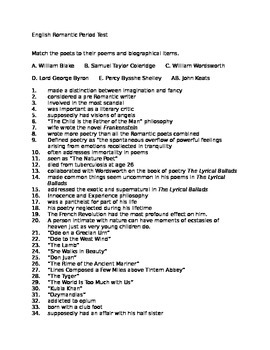 Preview of English Romantic Period Test  150 Multiple C & Match Questions Answer Key