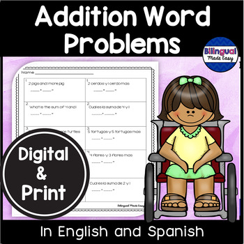 Preview of Addition Word Problems Worksheets in English & Spanish DIGITAL LEARNING