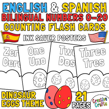 Preview of English & Spanish Bilingual Numbers 0-20 Counting Flashcards Dinosaur Eggs Theme