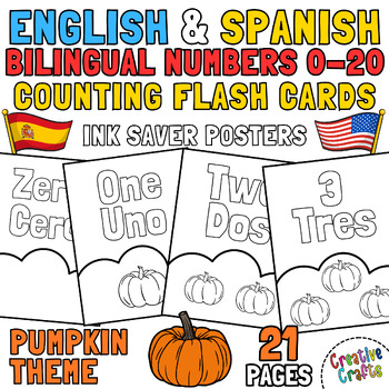 Preview of English & Spanish Bilingual Numbers 0-20 Counting Flashcards Pumpkin Fall Theme