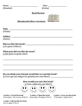 English Spanish Book Review Sheet By Bilingual Butterfly Tpt