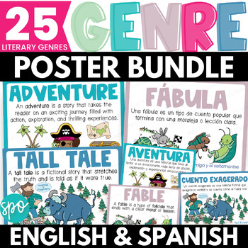 Preview of English & Spanish Reading Genre Poster Bundle | Carteles Bilingües de Géneros