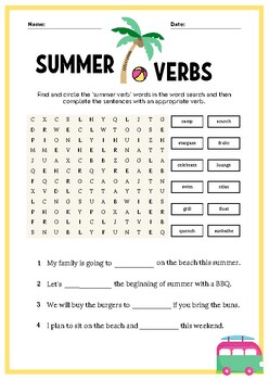 Preview of English Summer Verbs Word Search Worksheet: Fun and Educational Activity for Kid