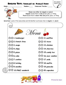 english grammar grade worksheets for 3 of by Tailored Nouns Test:  Plural English or Foods Singular