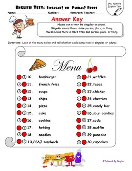 english test singular or plural nouns foods by tailored