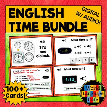 Preview of TIME BOOM CARDS BUNDLE ⭐ Task Cards ⭐ ESL ELL ENL EFL EDL English Telling Time