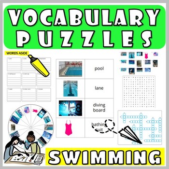 Preview of Vocabulary Worksheets Cards Word Search Anagram SWIMMING