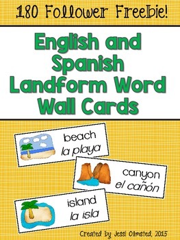 Preview of English and Spanish Landform Word Wall Card FREEBIE
