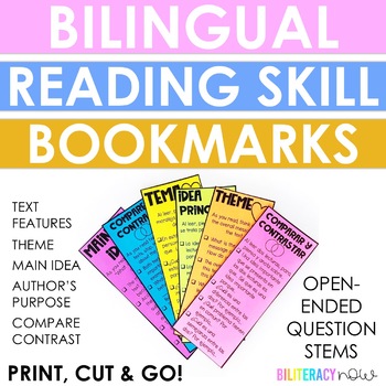 Preview of English & Spanish Bookmarks by Reading Skill:Theme, Main Idea, Inference, etc!