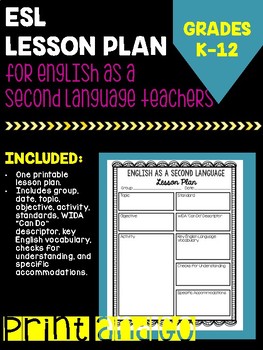 Preview of English as a Second Language Printable Lesson Plan Template