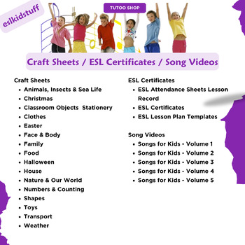 Preview of English for Kids|Eslkidstuff|Learning English|ESL Certificates|Craft Sheets|Song