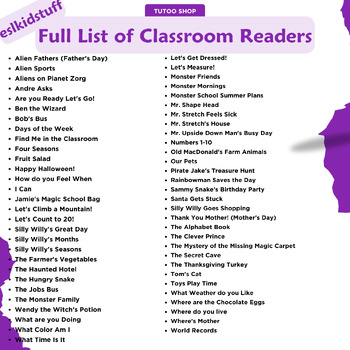 Preview of English for Kids|Eslkidstuff|Learning English|Full Full List of Classroom Reader