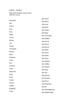 Preview of English to German Matching 50 Nouns Worksheet Series 1