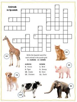 English to Spanish Animals Crossword Puzzle & Word Search Combo | TPT