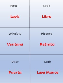 Preview of English to Spanish Translation Cards - Classroom Item Names
